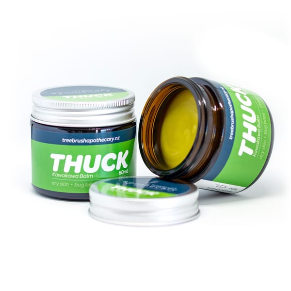 Thuck kawakawa balm in 60mL amber jar and metal lid