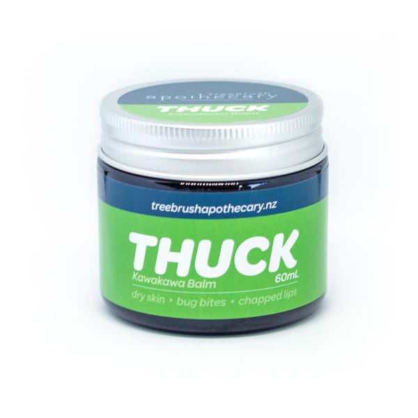 Thuck kawakawa balm in 60mL amber jar